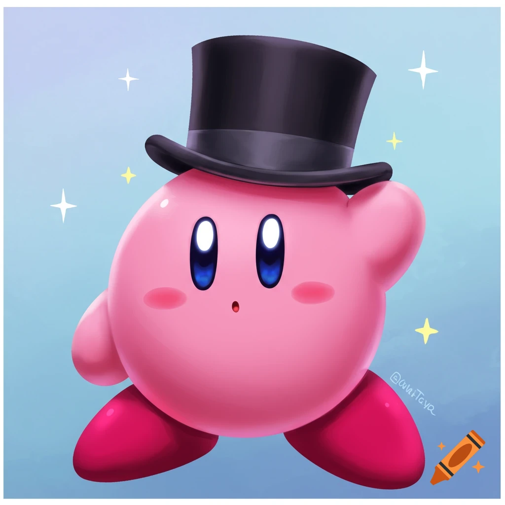 Illustration of Kirby wearing a black top hat and looking forward.