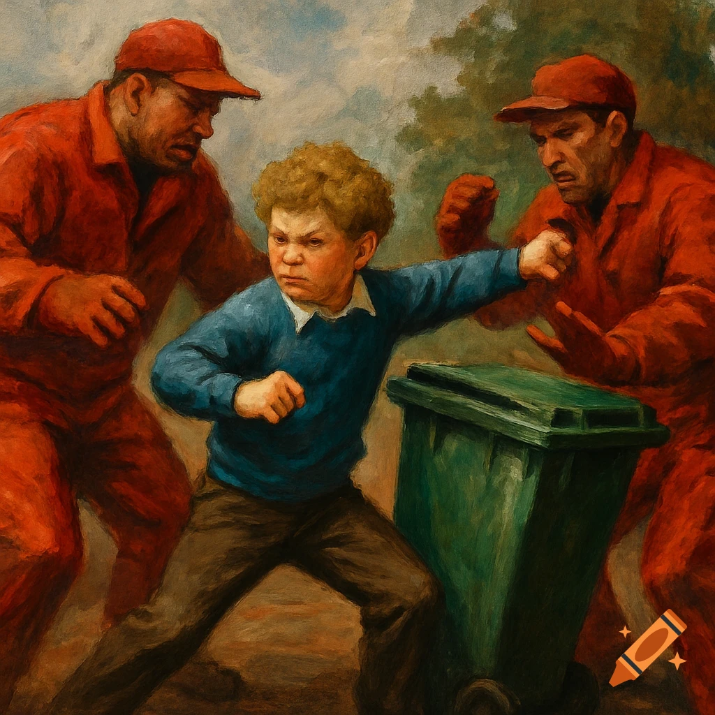 A painting of a boy fighting two men in orange jumpsuits near a green bin.