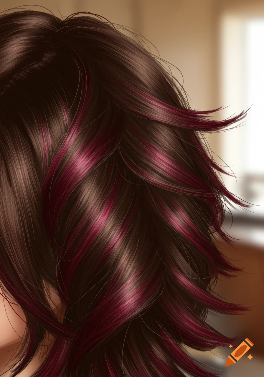 Close-up of dark brown layered hair with vibrant pink highlights.