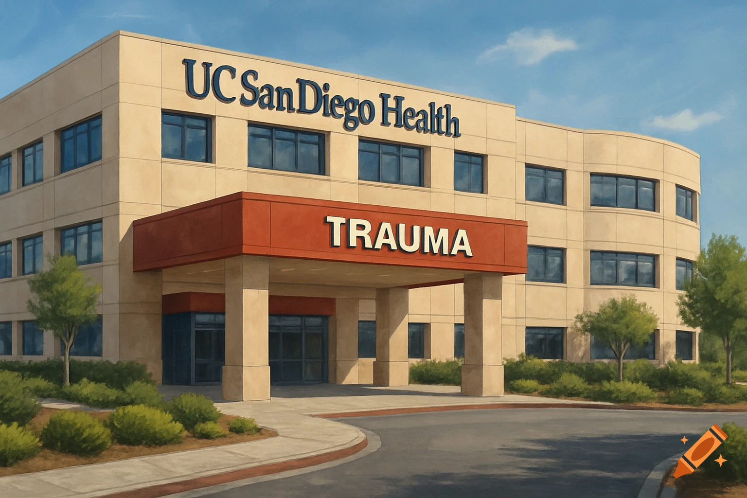 Illustration of a hospital building entrance with 'UC San Diego Health' and 'TRAUMA' signs.