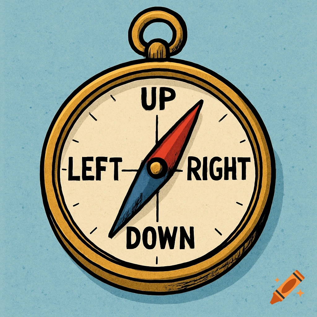 Comic style illustration of a compass showing UP, LEFT, RIGHT, DOWN.