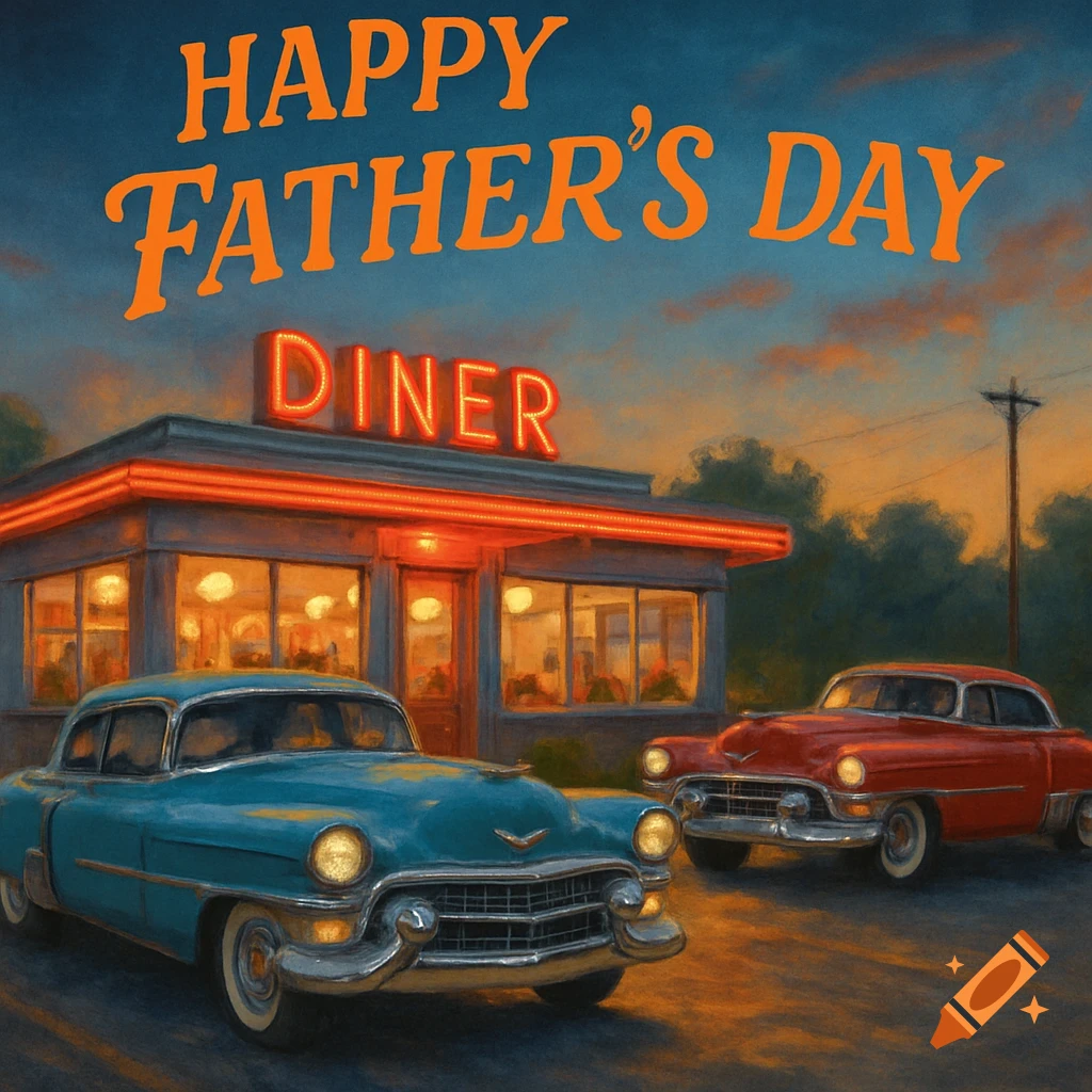 A painterly image of a 1950s diner with vintage cars outside, and 'Happy Father's Day' text in the sky.
