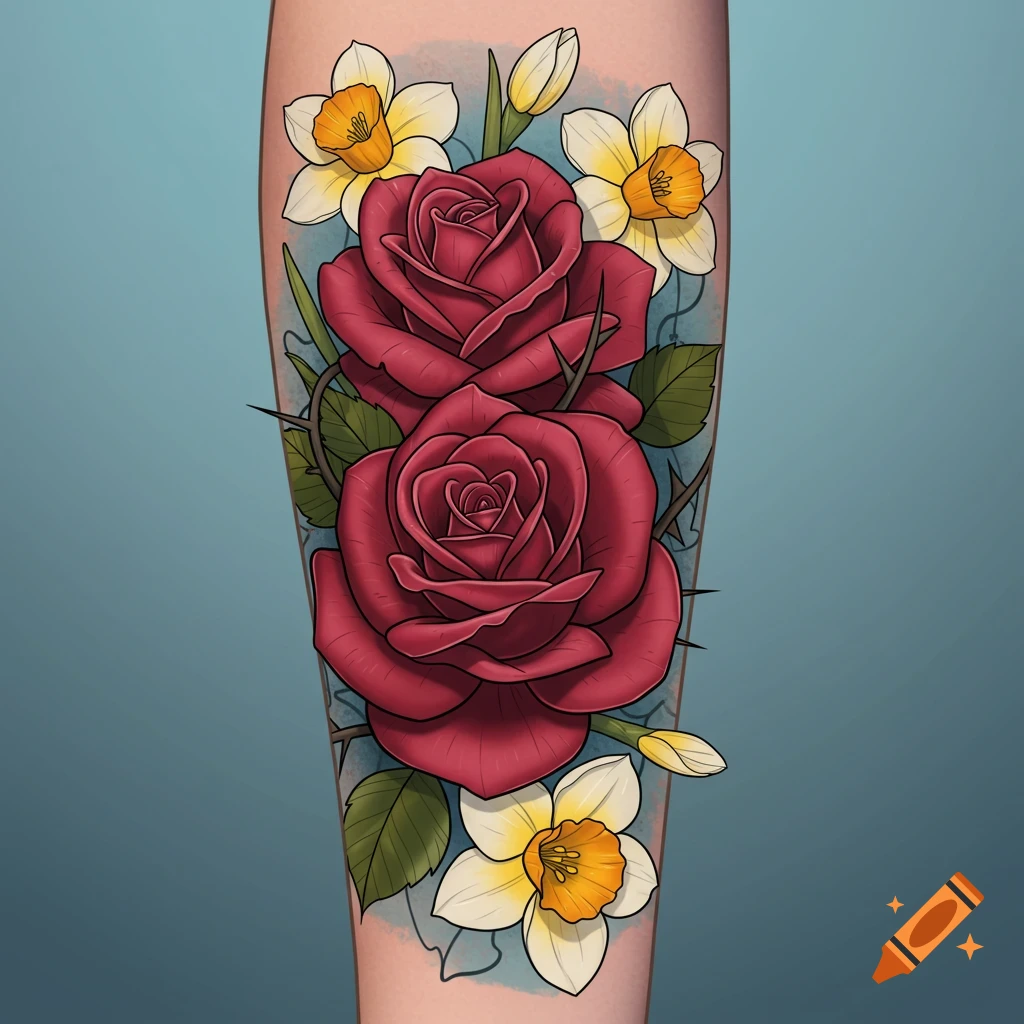 A tattoo of red roses and white and yellow daffodils on an arm.
