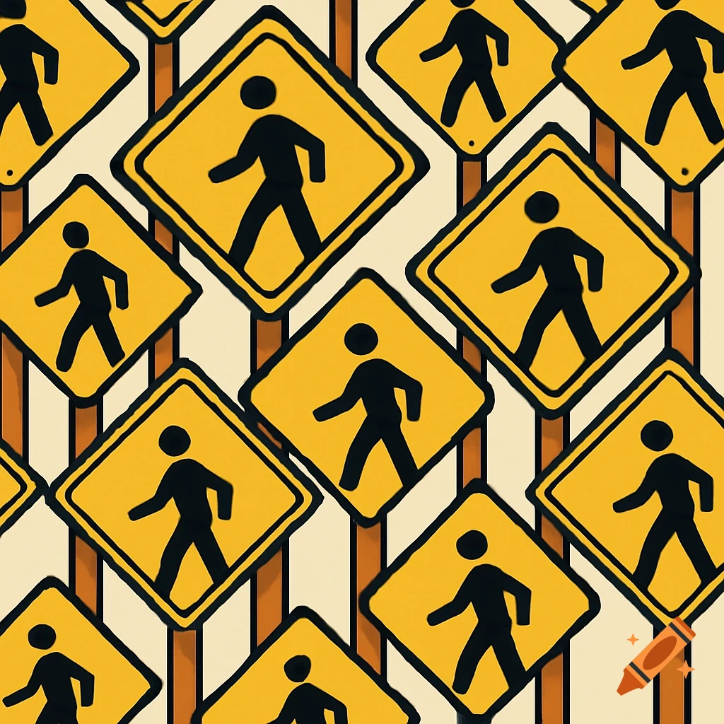 Pattern of yellow pedestrian crossing signs on a striped background.