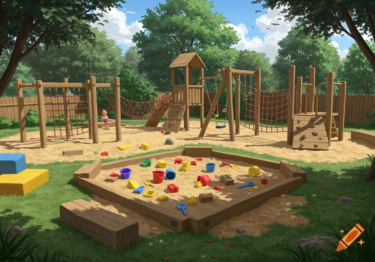 Illustration of a vibrant playground with a large sandbox, climbing frames, nets, swings, and a child playing.