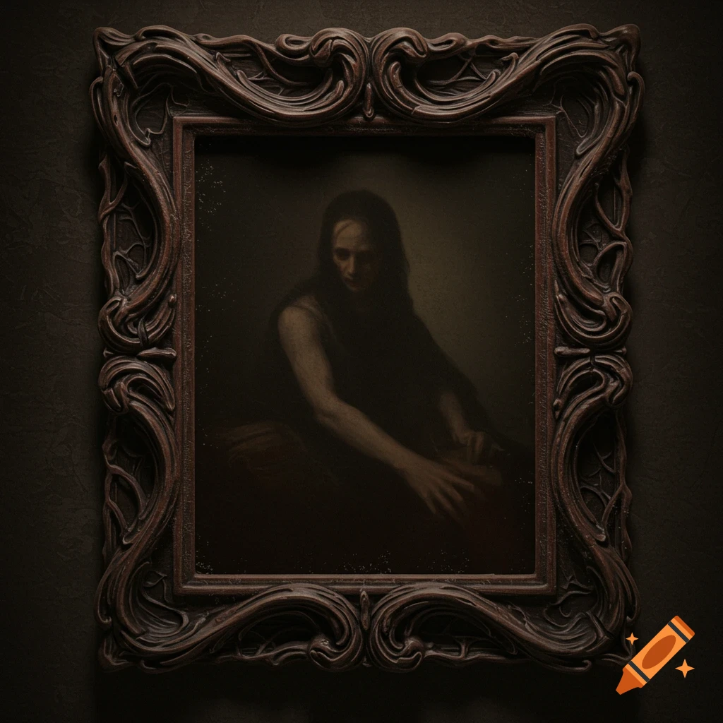 Dark portrait of a person in an ornate, creepy frame.