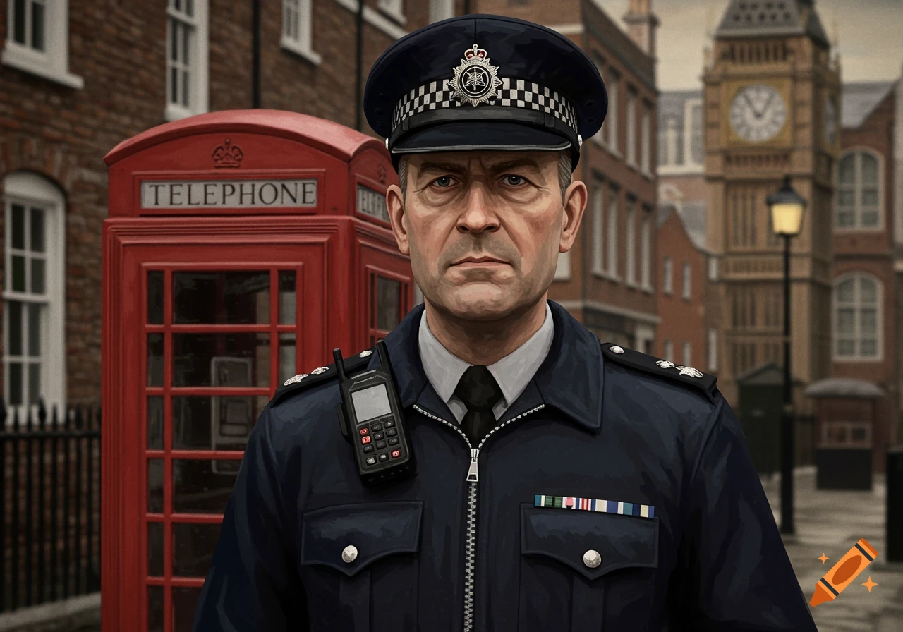 A UK police officer stands near a red telephone box with Big Ben in the background. Stylized illustration.