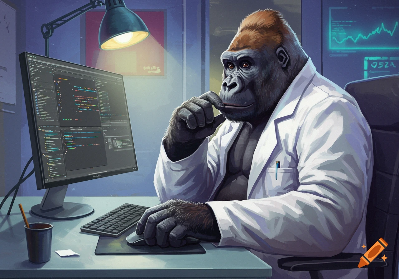 Illustration of a gorilla wearing a lab coat, working on a computer. on ...