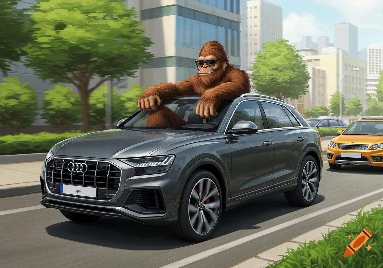 Illustrative image of Bigfoot wearing sunglasses driving a grey Audi Q8 on a city street.