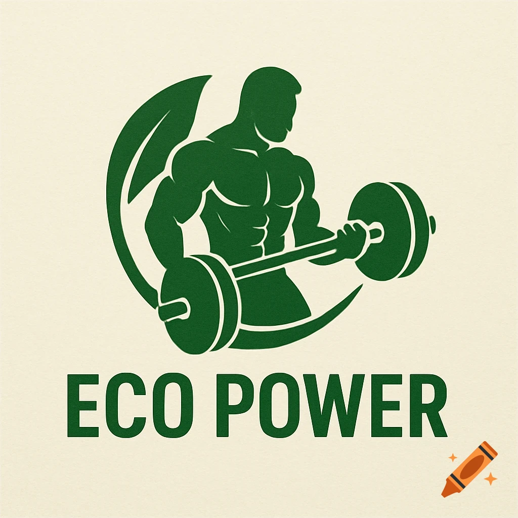 Green logo with muscular person lifting barbell and leaf design, text says ECO POWER