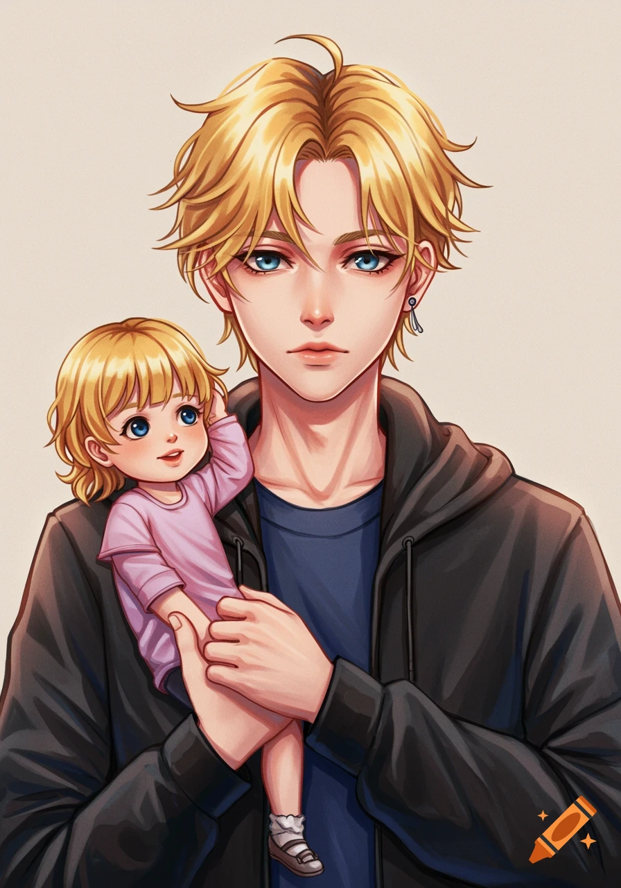 An anime-style man with blonde hair holding a small blonde doll.