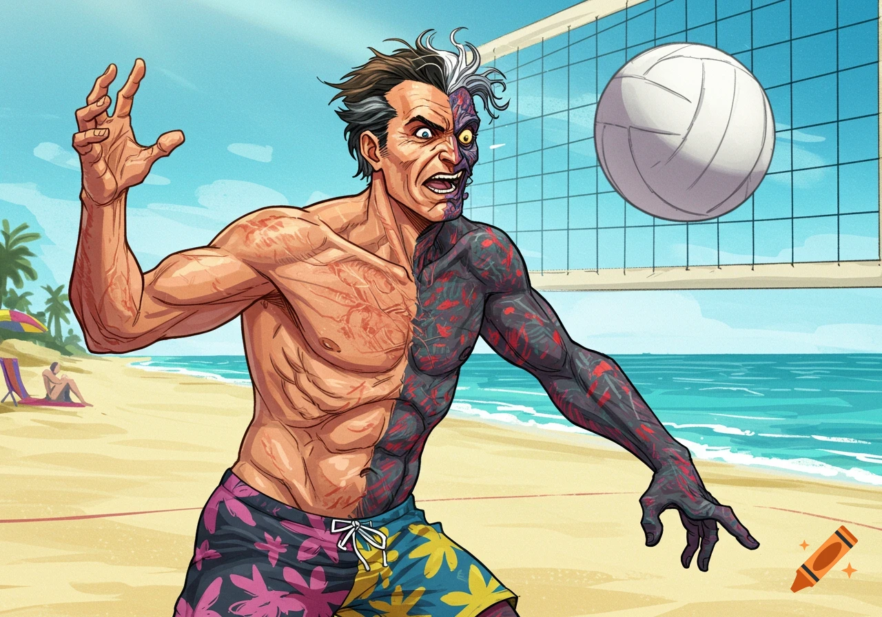 A split-faced man playing volleyball on a beach in a comic book style.