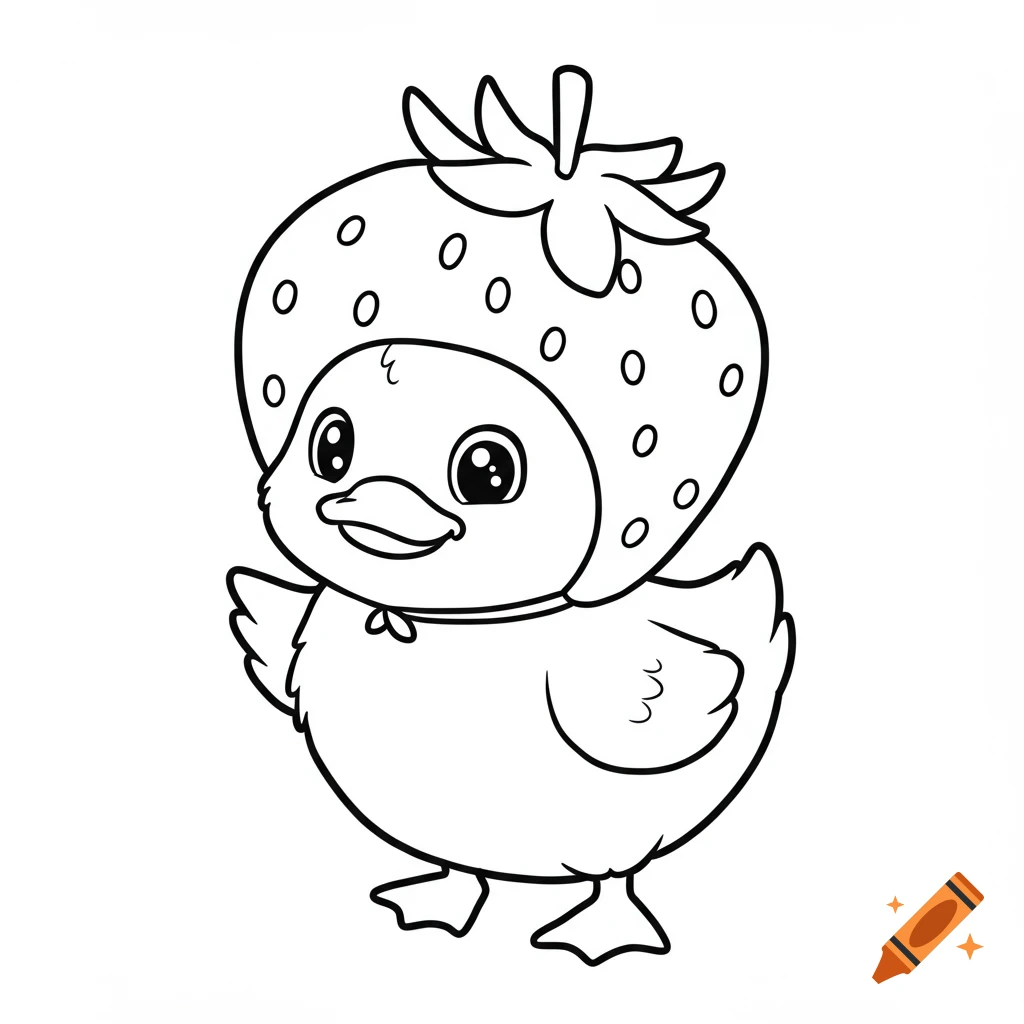 A cute chubby duck wearing a strawberry hat, in line art style, suitable for coloring.