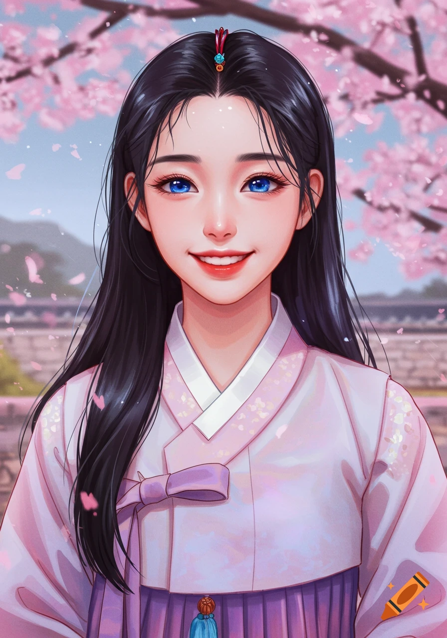 Illustration of a young Korean woman in hanbok under cherry blossoms