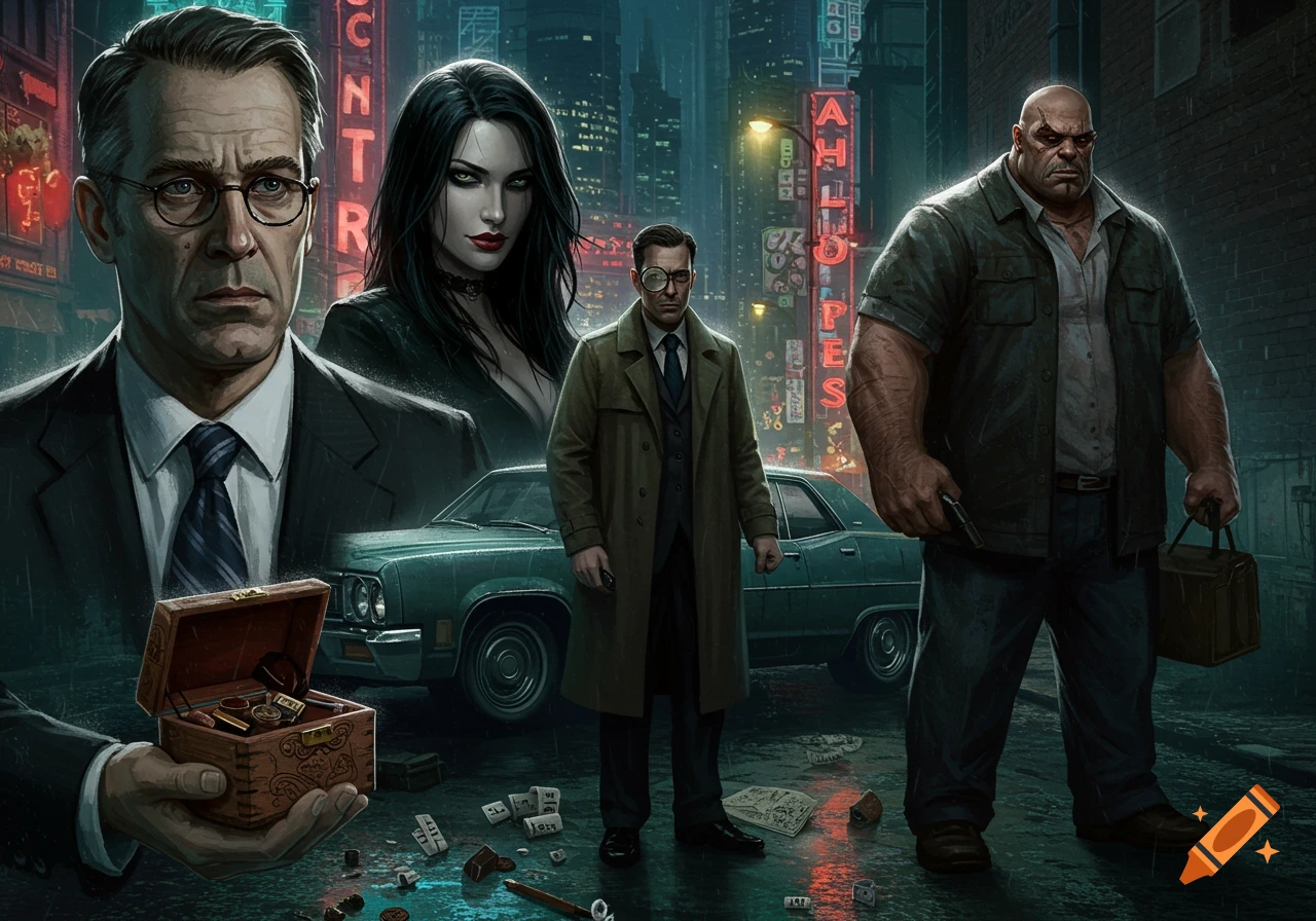 Illustration of a detective, a woman, and a large man on a dark, rainy city street with a vintage car and neon signs.