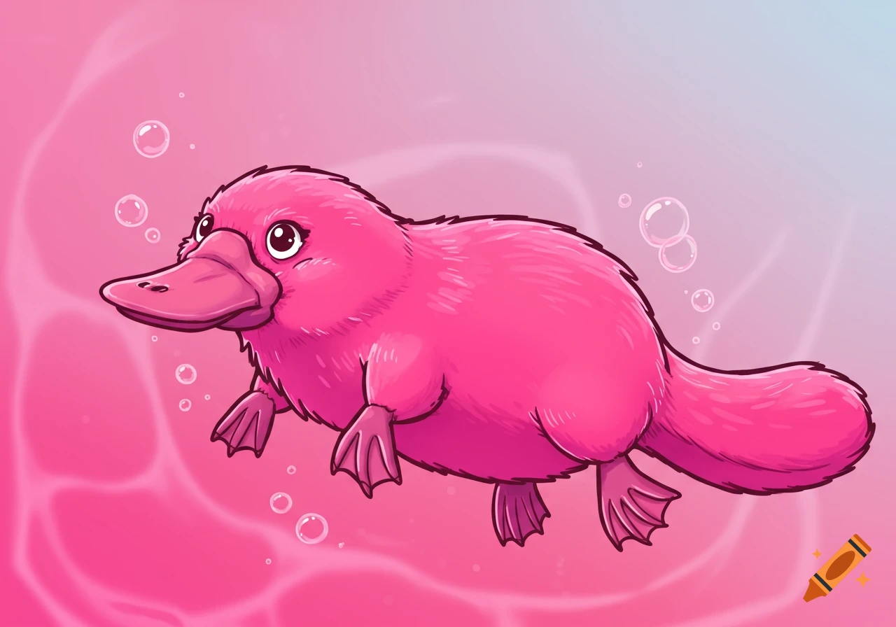 A cartoonish pink platypus swims in pink water with bubbles.