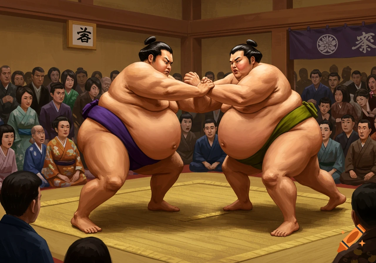 Two sumo wrestlers face off in a ring before a crowd. Illustrated style.