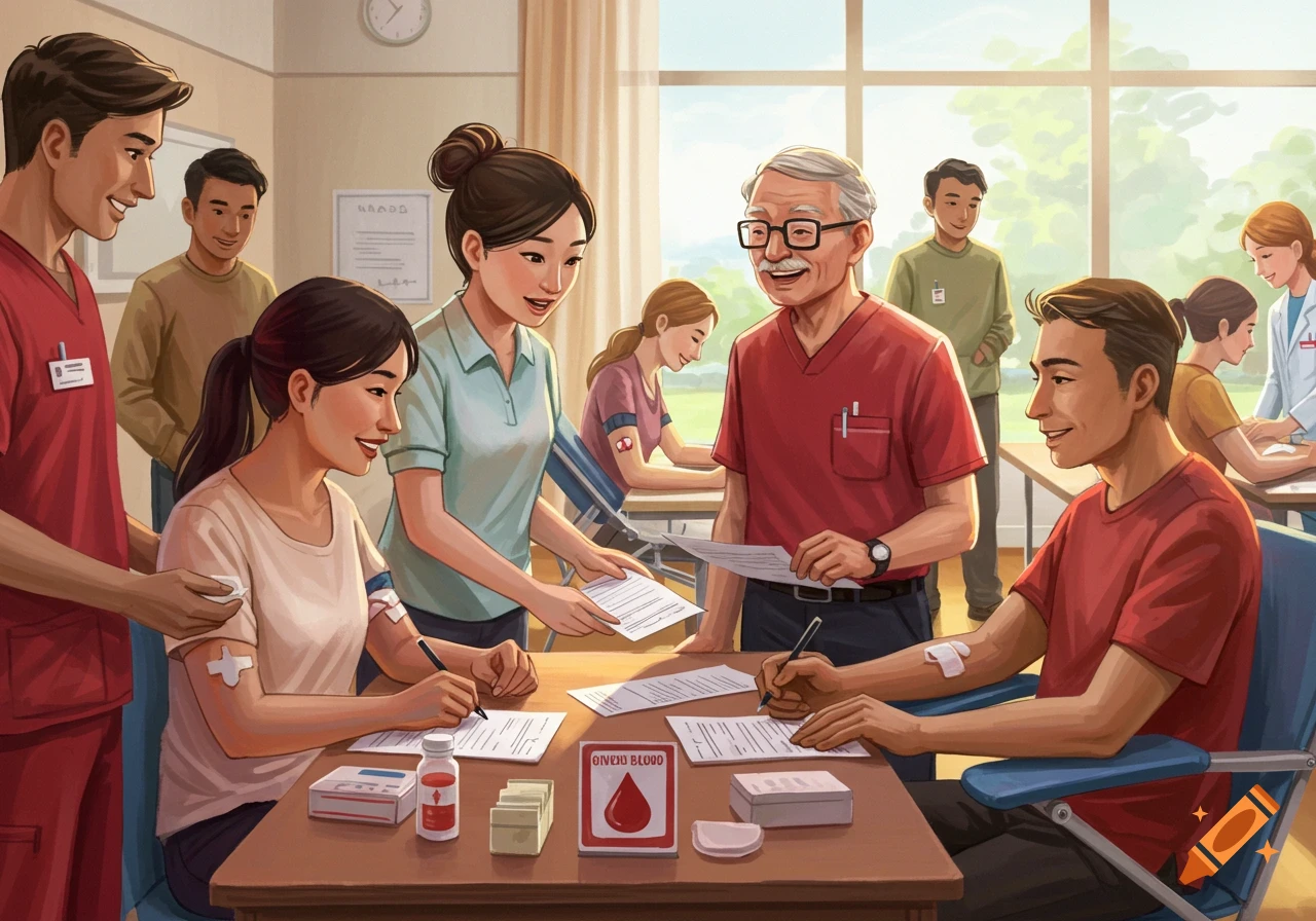 Illustration of people registering for a blood donation, signing forms at tables.