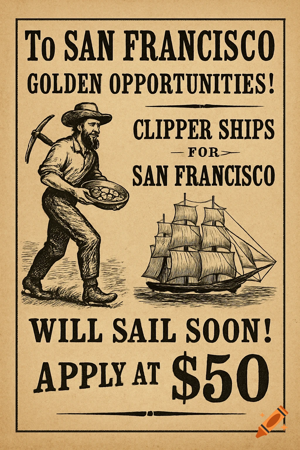 Historical poster advertising clipper ships to San Francisco for the Gold Rush, showing a miner and a ship