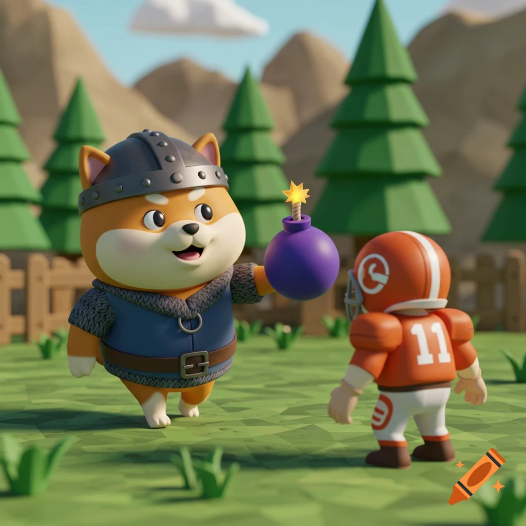 A cute 3D cartoon dog in viking attire throws a purple bomb at a football player.