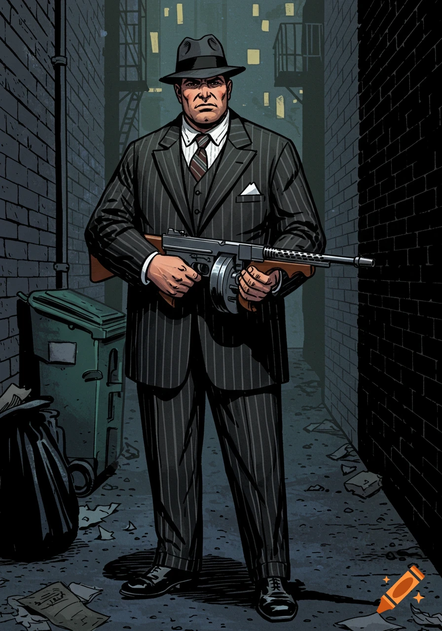 A comic book style illustration of a gangster holding a tommy gun in a dark alleyway.