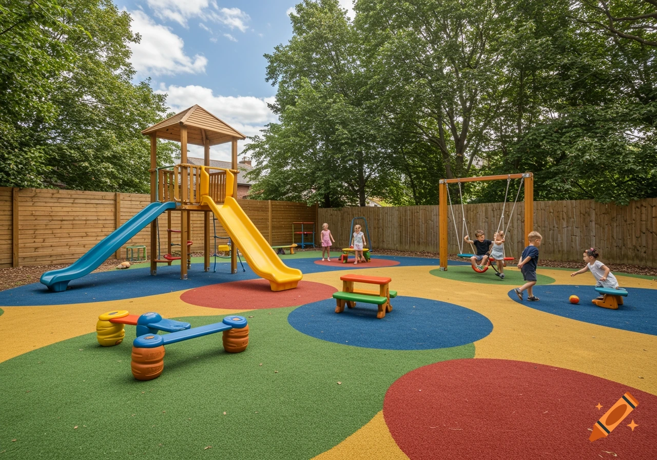 Children play on a colorful outdoor playground with slides, swings, and benches.