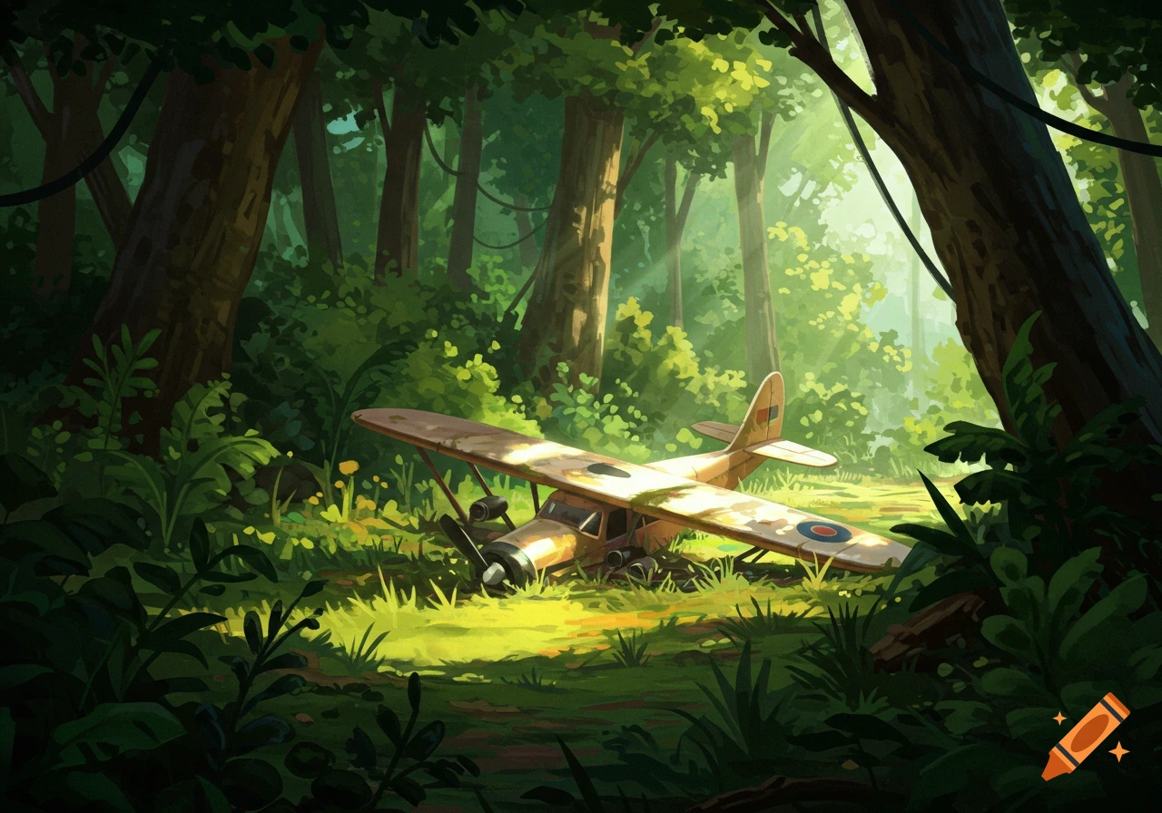 A small yellow airplane rests crashed in a sunny clearing in a lush jungle forest.