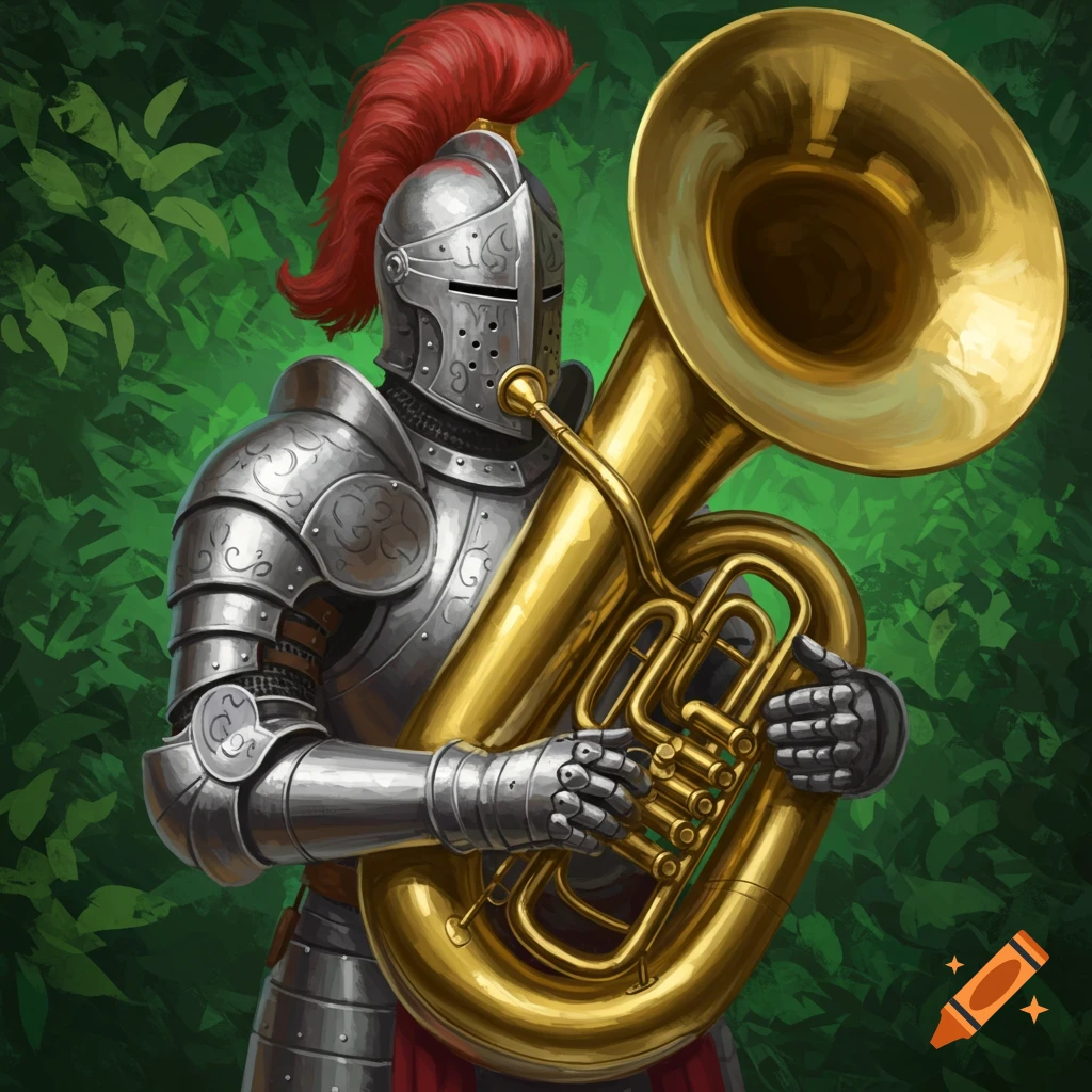 A knight in armor plays a tuba against a green background.