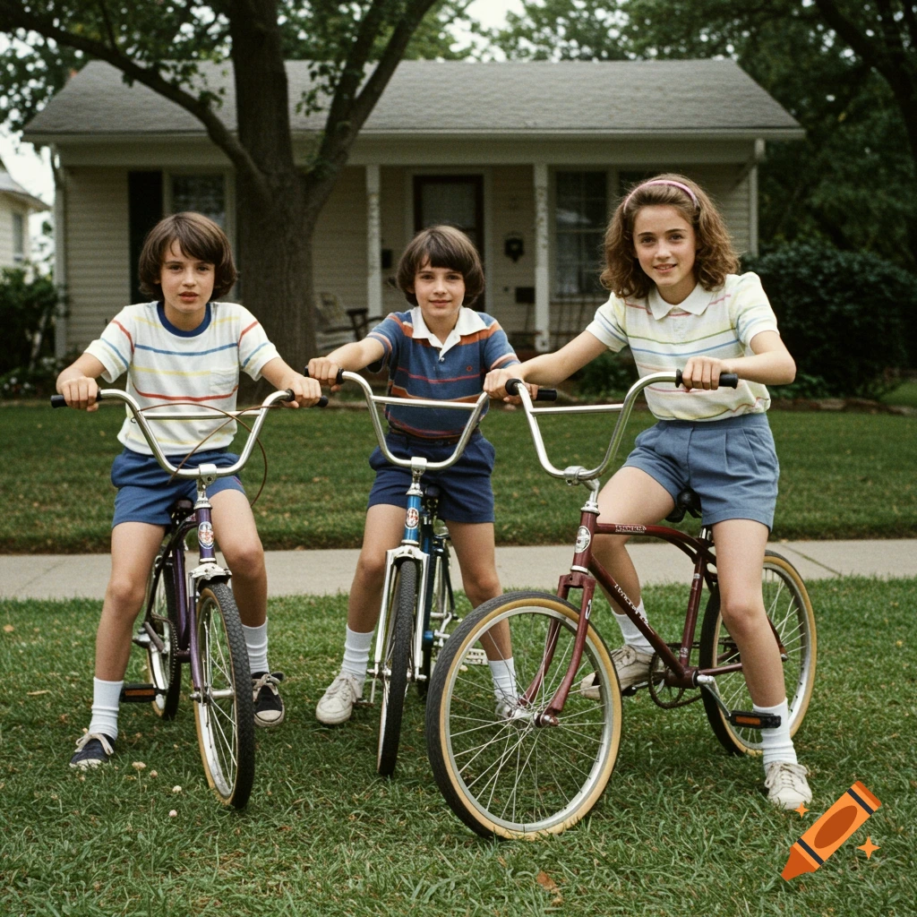 Three children on bikes pose in front of a house.