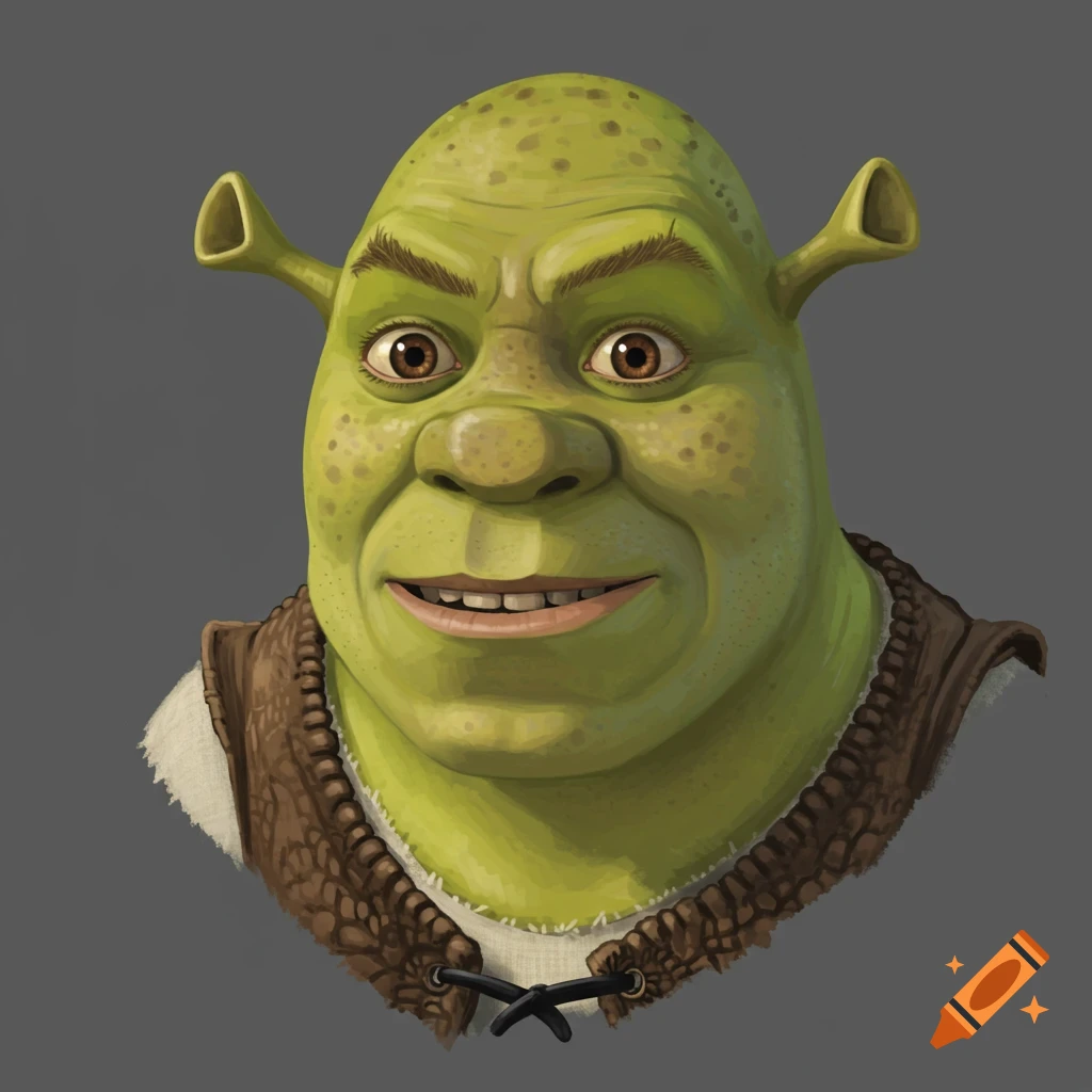 Close-up portrait of Shrek's head and shoulders.