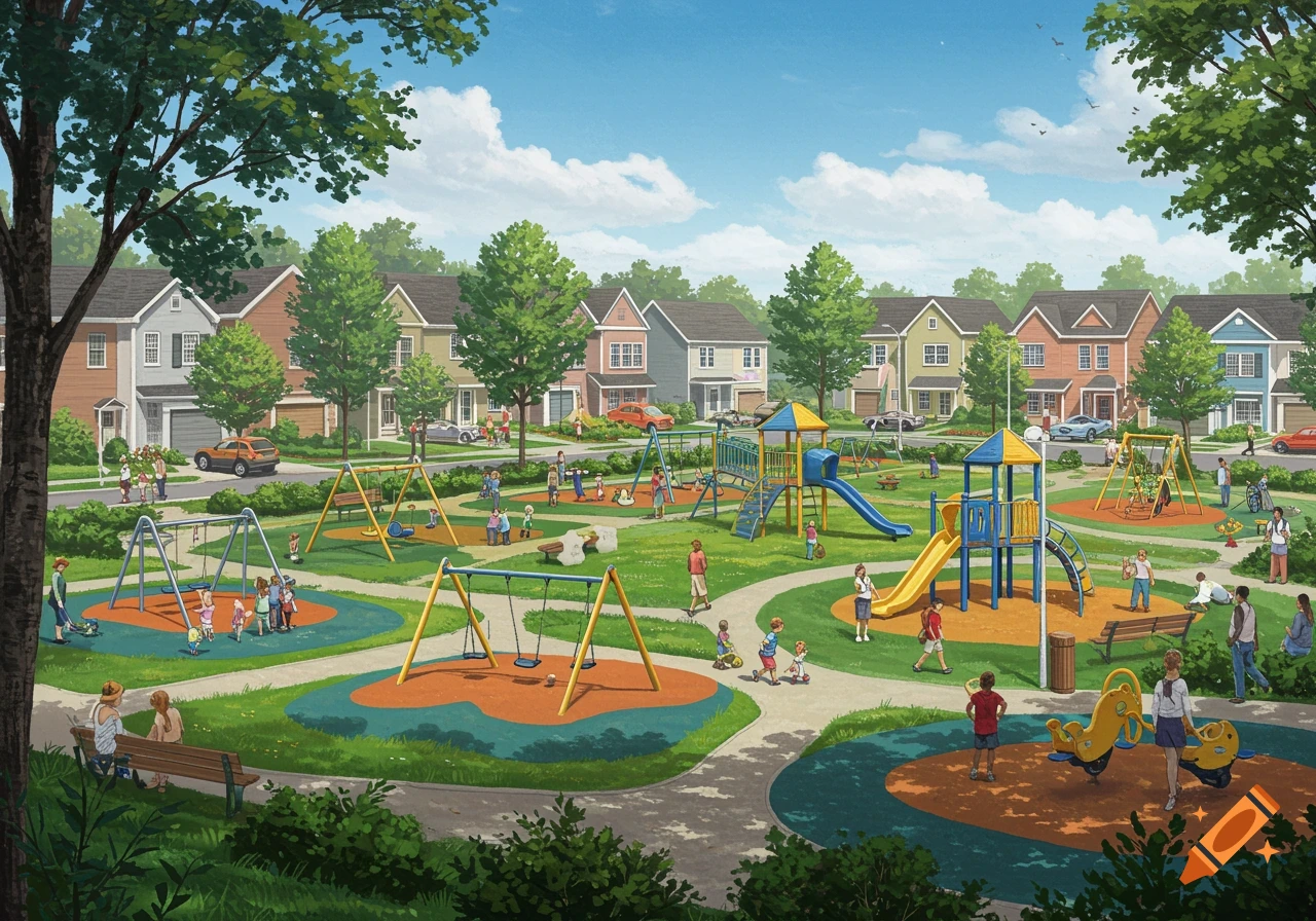 Detailed illustration of a busy suburban park playground with people playing near houses.