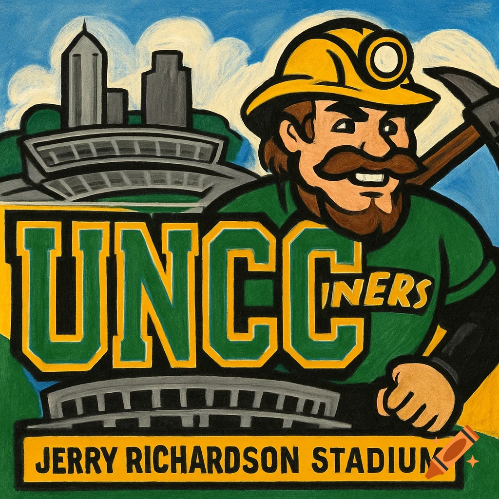 Digital painting of the UNCC mascot Norm the Niner with the UNCC logo, stadium, and cityscape.