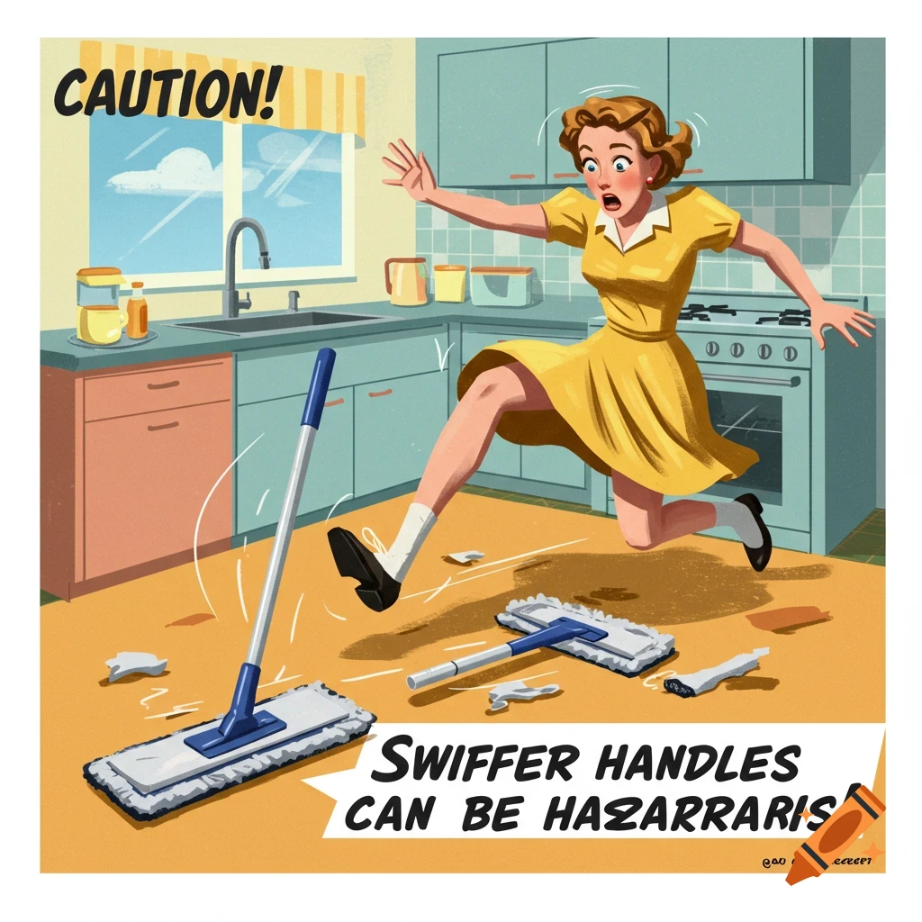 Retro illustration of a woman tripping over a mop in a kitchen.