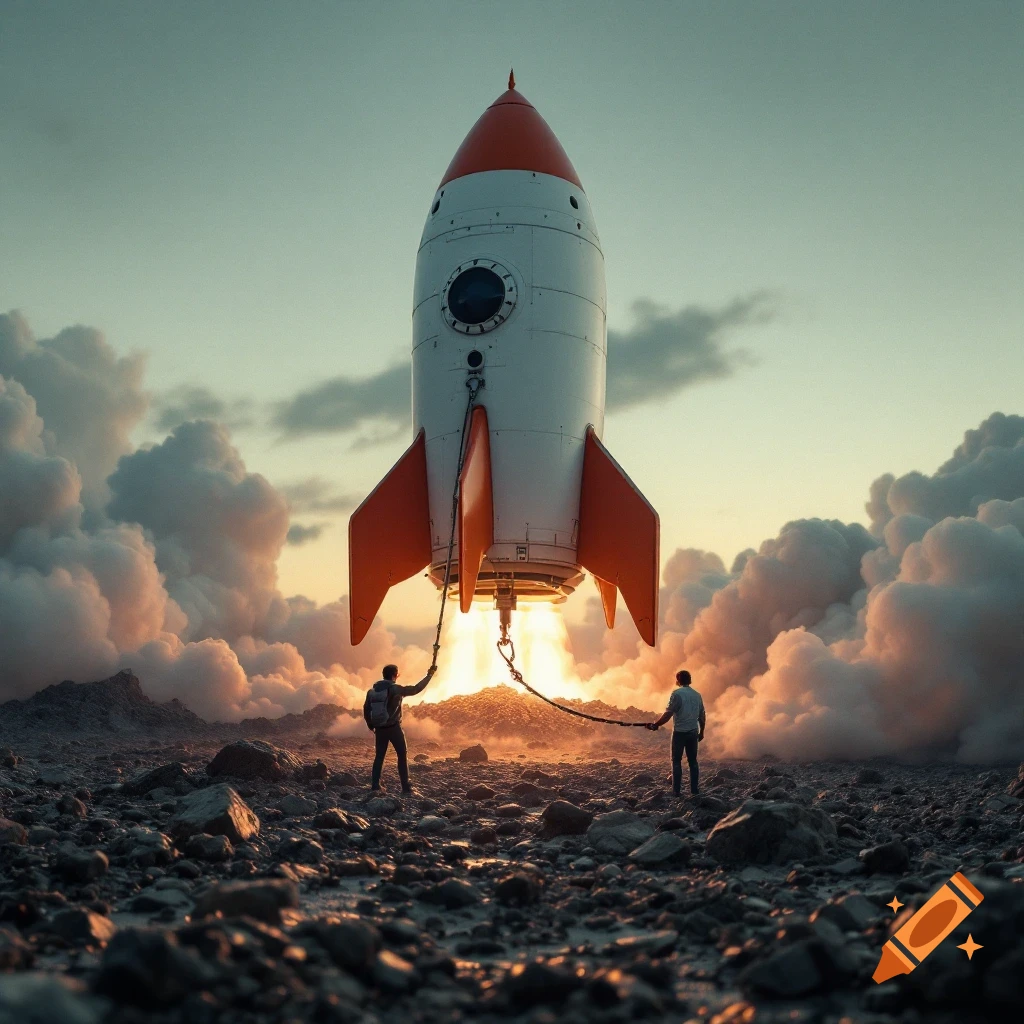 Two silhouetted figures hold chains attached to a rocket lifting off from a rocky surface at sunset.
