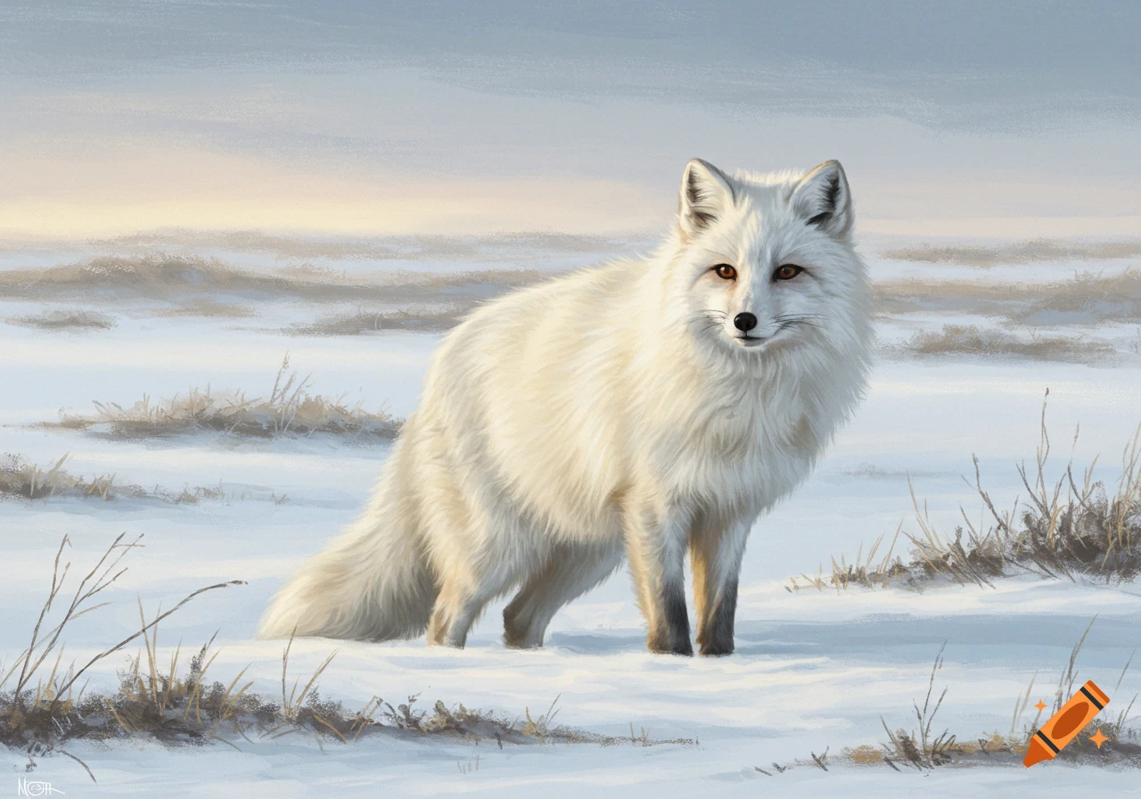 A white arctic fox stands in a snowy tundra, digital painting.