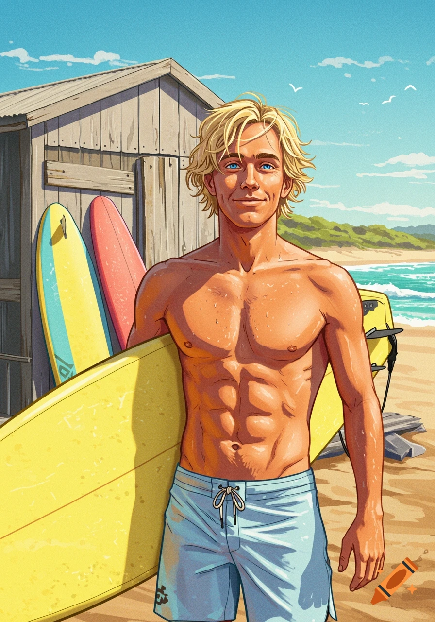 Stylized illustration of a smiling man with blonde hair holding a surfboard on a sunny beach.