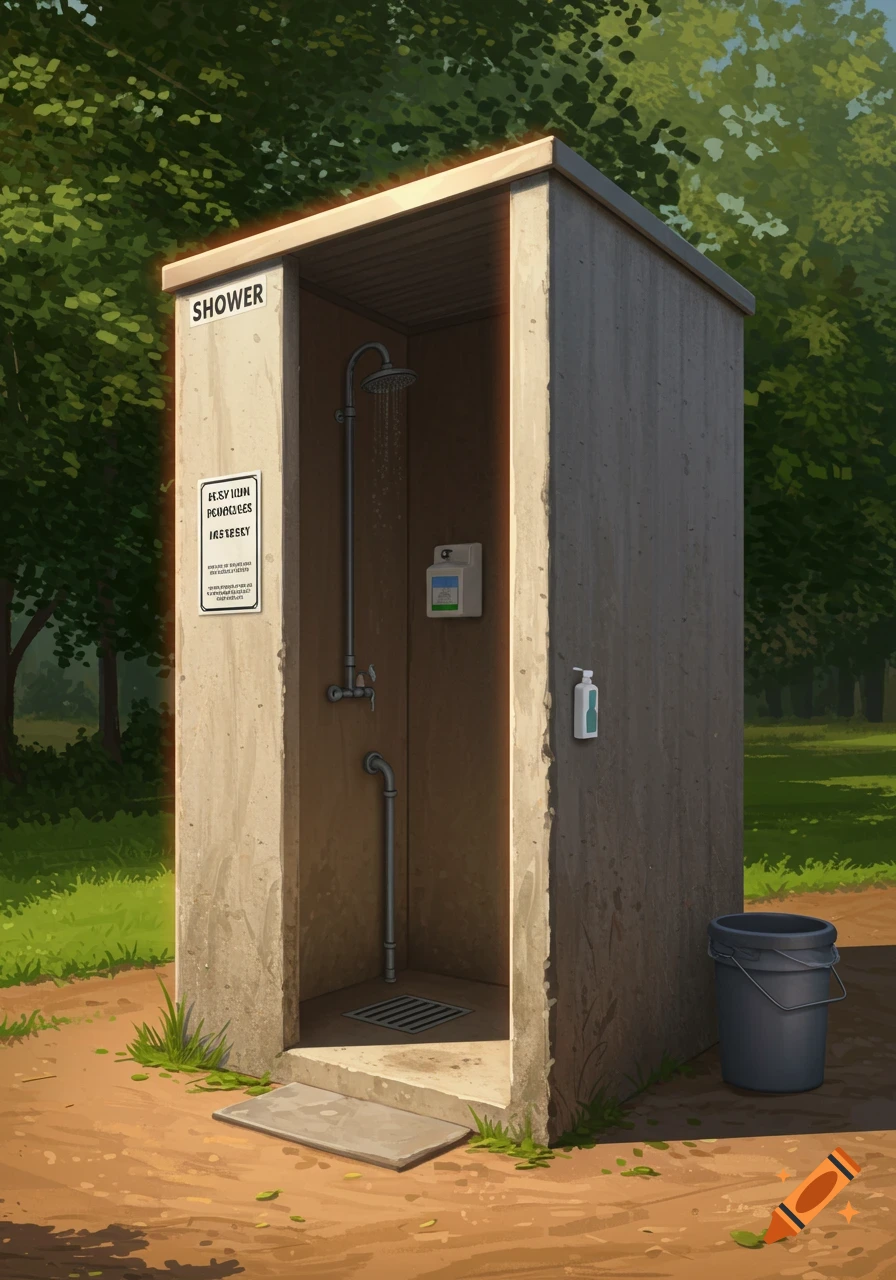 Outdoor concrete shower stall in a park with a showerhead, soap, and bucket.