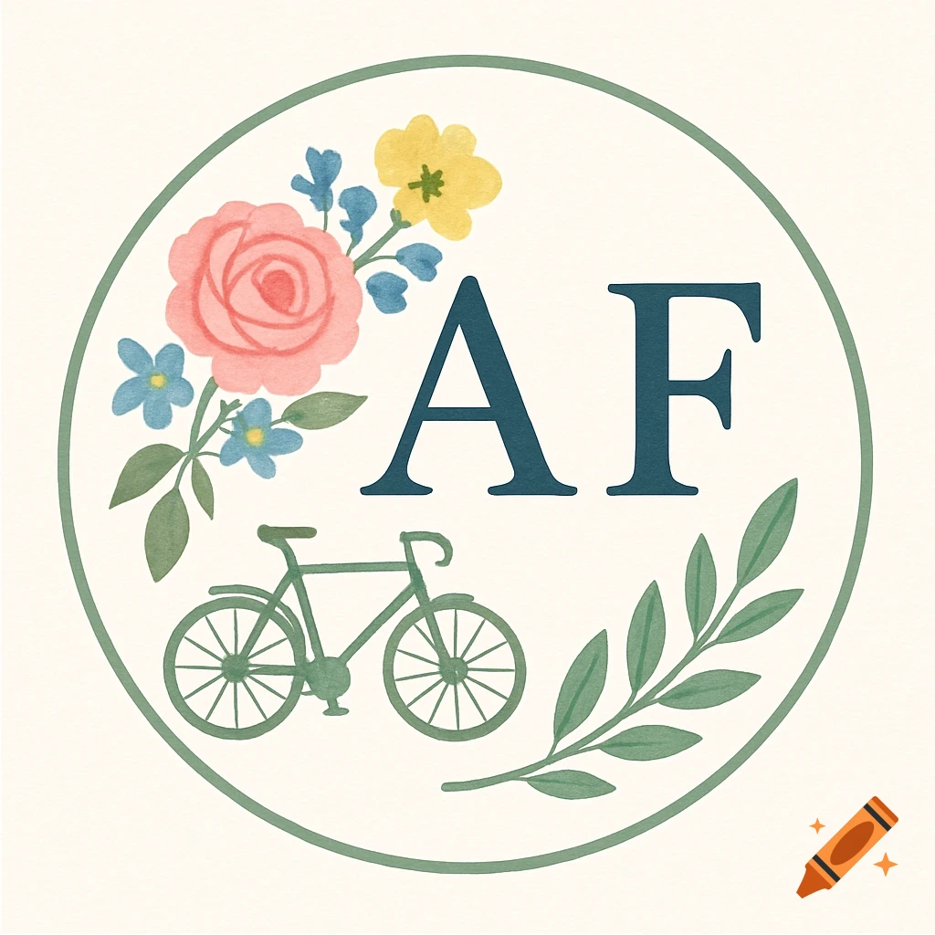 Round logo with initials AF, pink and yellow flowers, blue buds, a green bicycle, and a green leaf branch