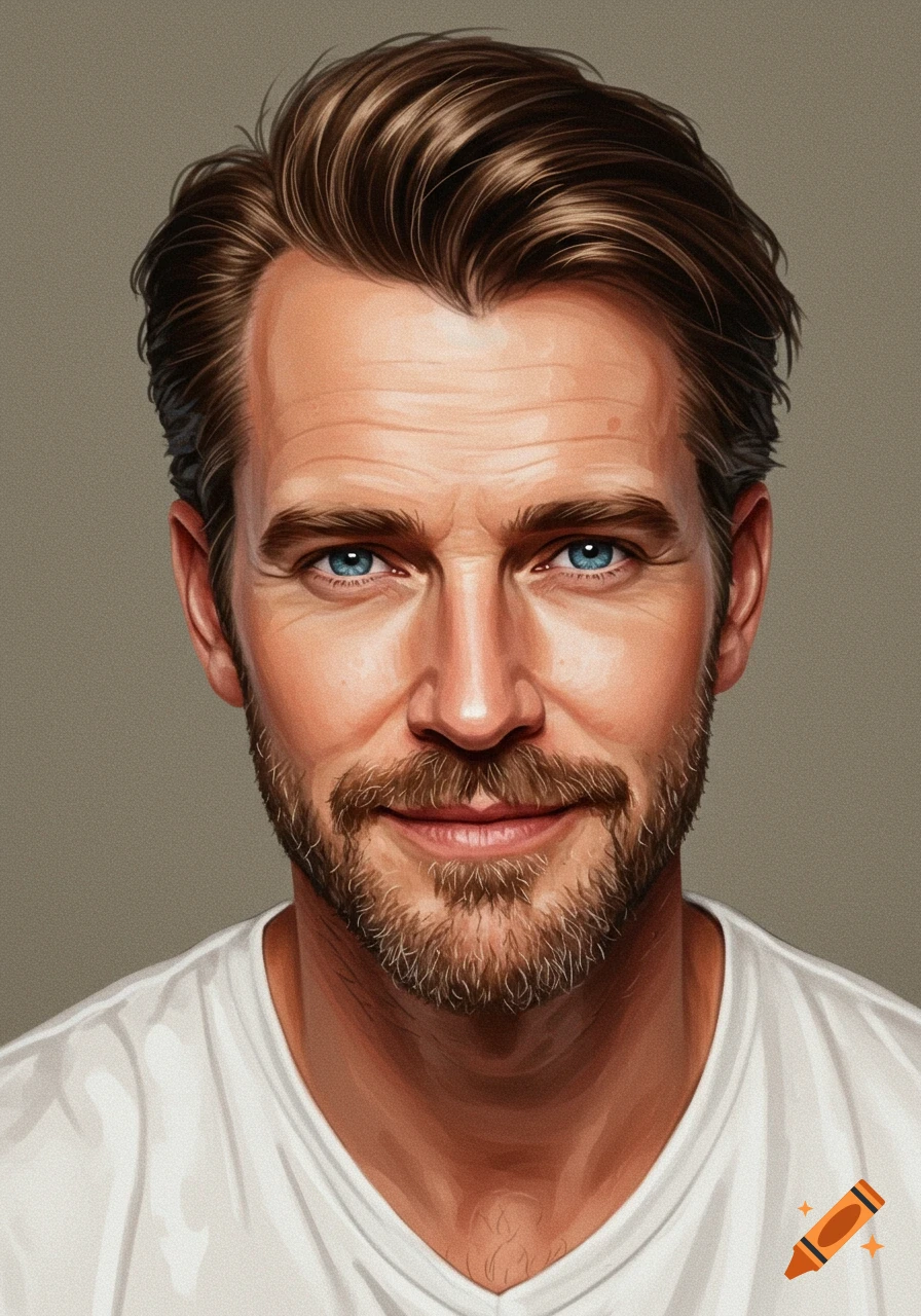 Close-up portrait of a man with brown hair, stubble, and blue eyes wearing a white t-shirt.