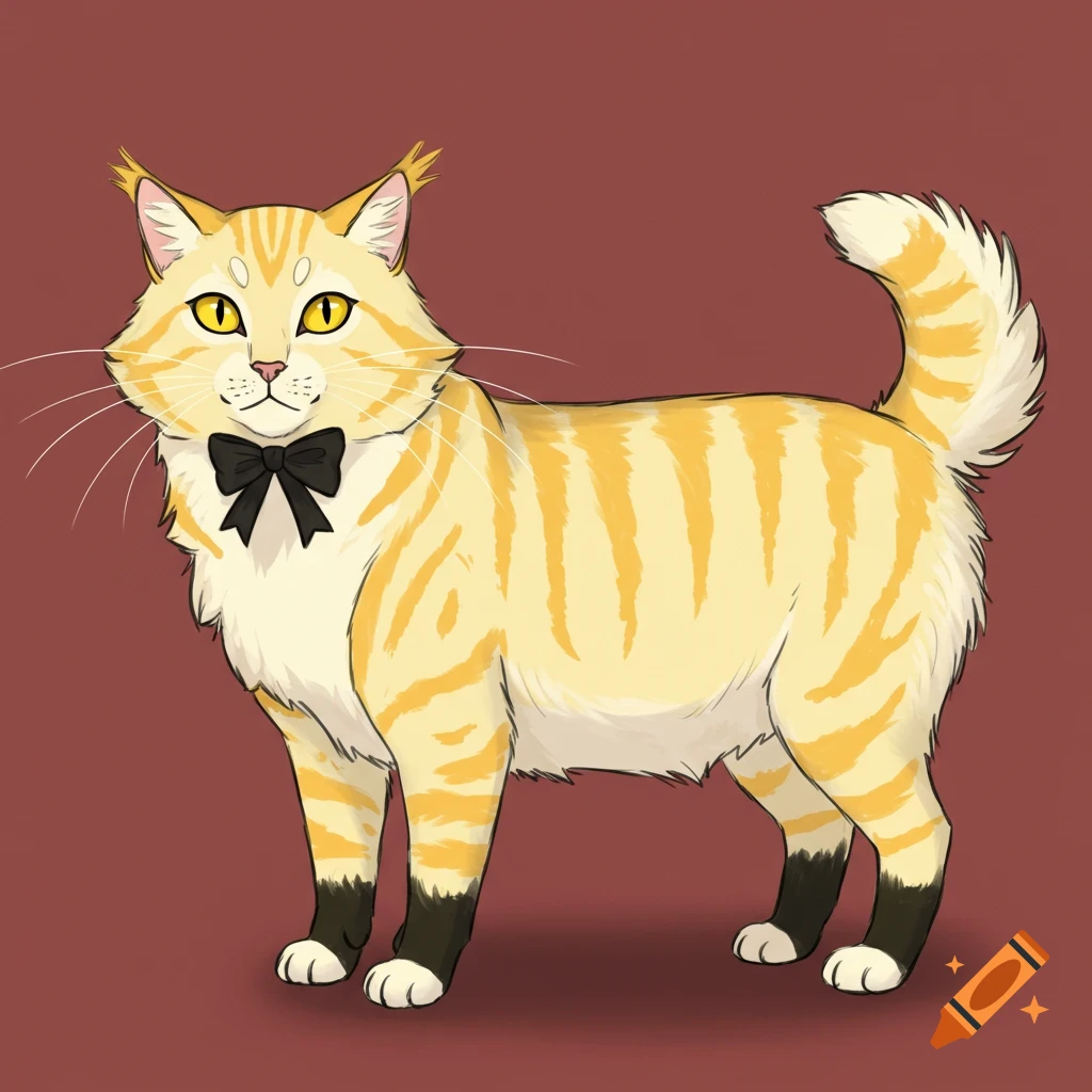A cartoon cat with yellow stripes and a black bow tie standing against a reddish background.