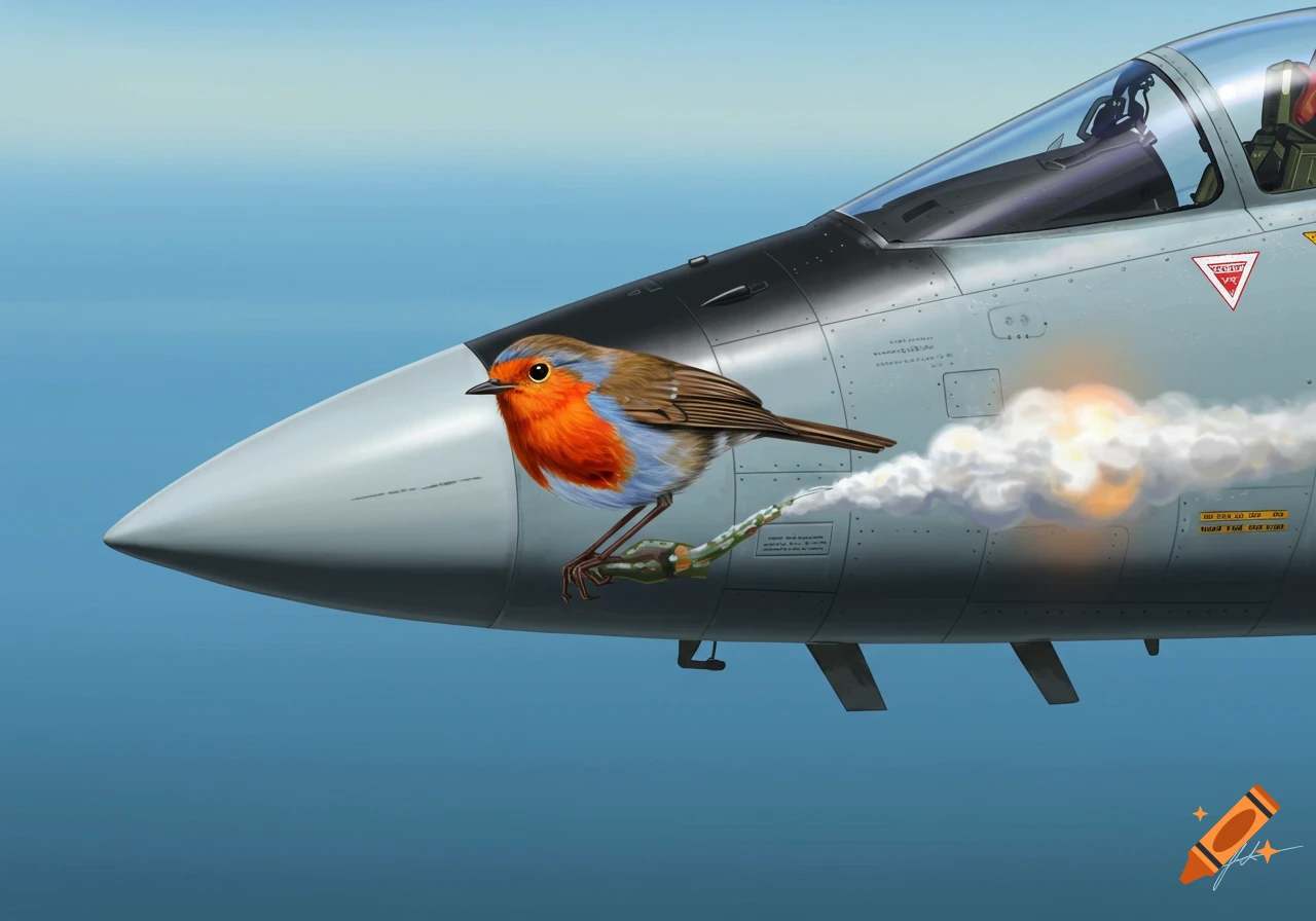 Digital painting of a robin perched on the nose of a fighter jet, with a vapor trail behind it.