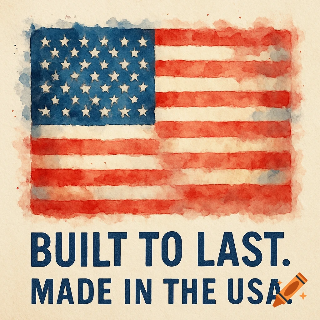 Watercolor painting of an American flag with the text 'Built to Last. Made in the USA.' below it.