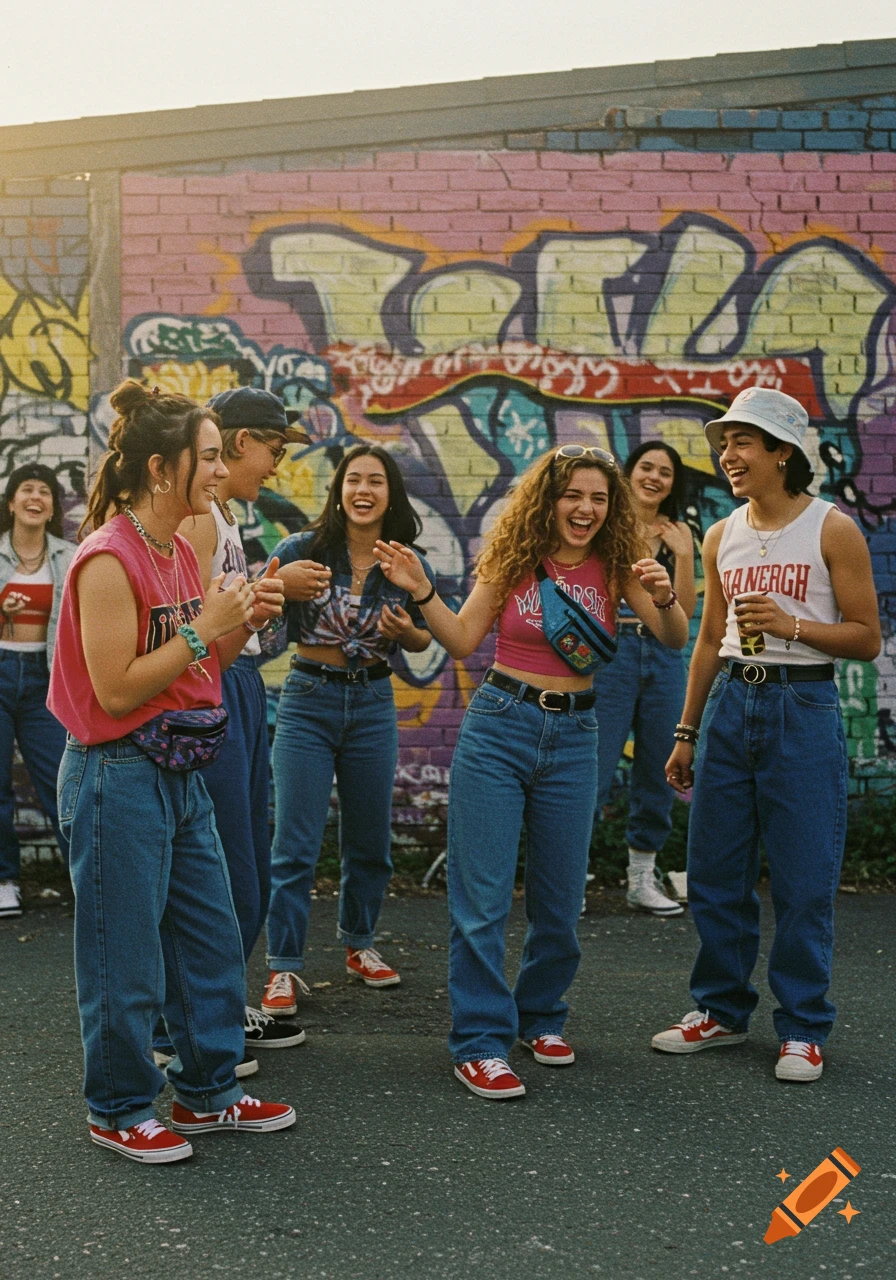 Teenagers in 1990s fashion laugh by a graffiti wall.