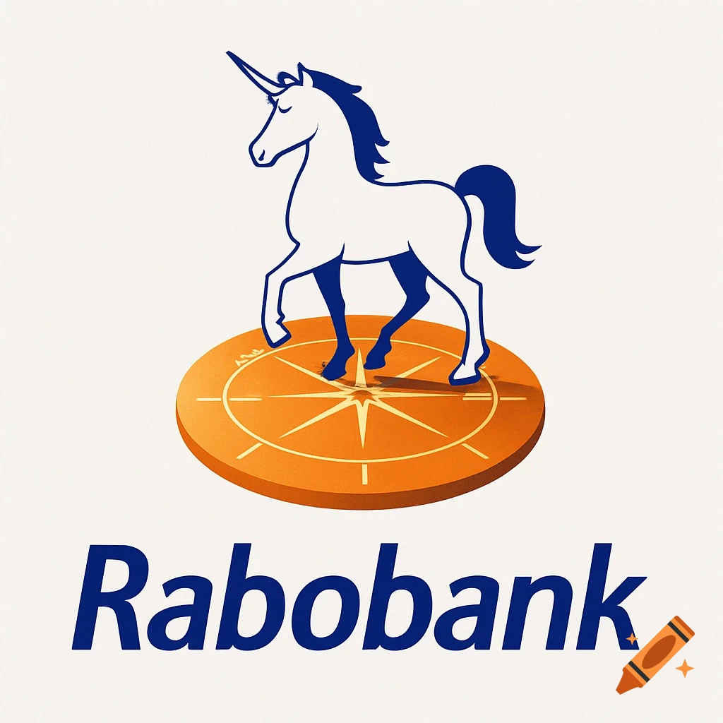 A white and blue unicorn stands on an orange compass rose disk, with the text 'Rabobank' below in a graphic illustration style.