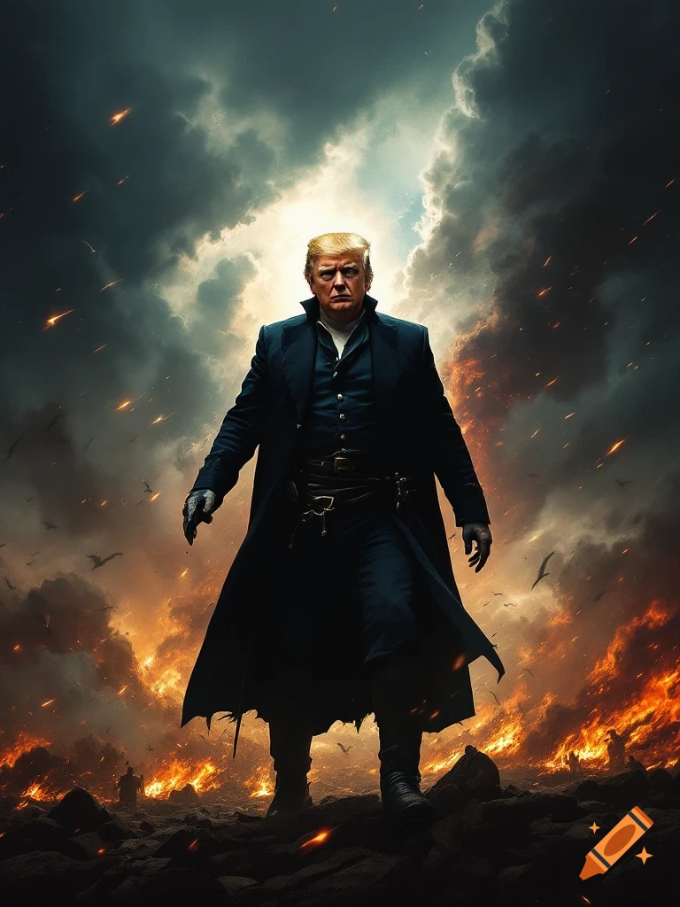 Dramatic image of a figure resembling Trump in a dark coat against a stormy, fiery landscape.