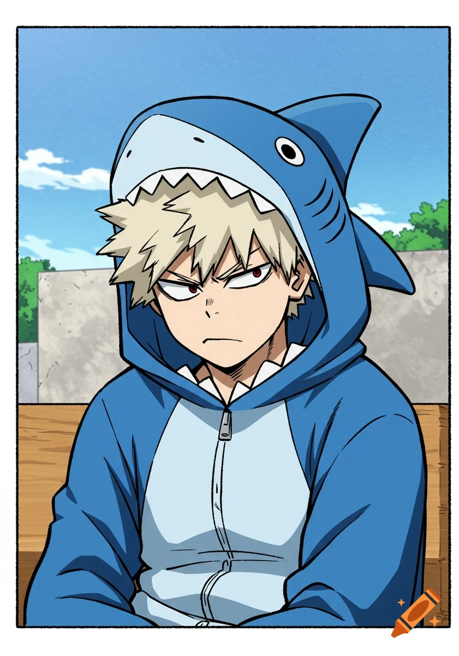 Anime drawing of Katsuki Bakugo from My Hero Academia wearing a blue shark onesie, looking forward with a serious expression.