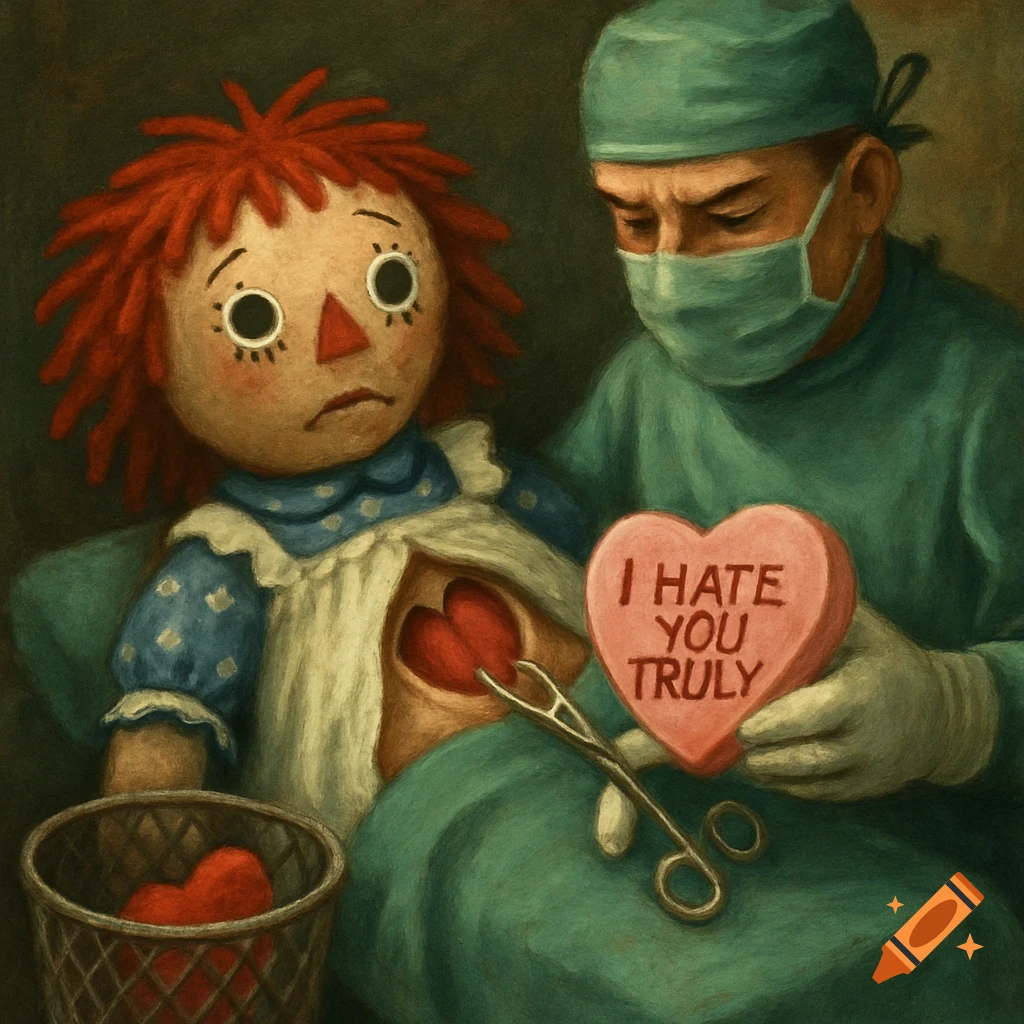 Raggedy Ann doll undergoes heart surgery, receiving a candy heart saying 'I HATE YOU TRULY'.