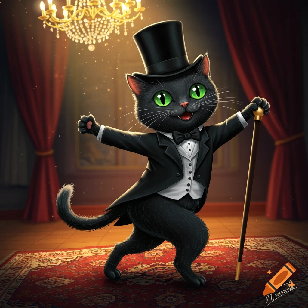 A black cat in a tuxedo and top hat dances with a cane in an elegant room.