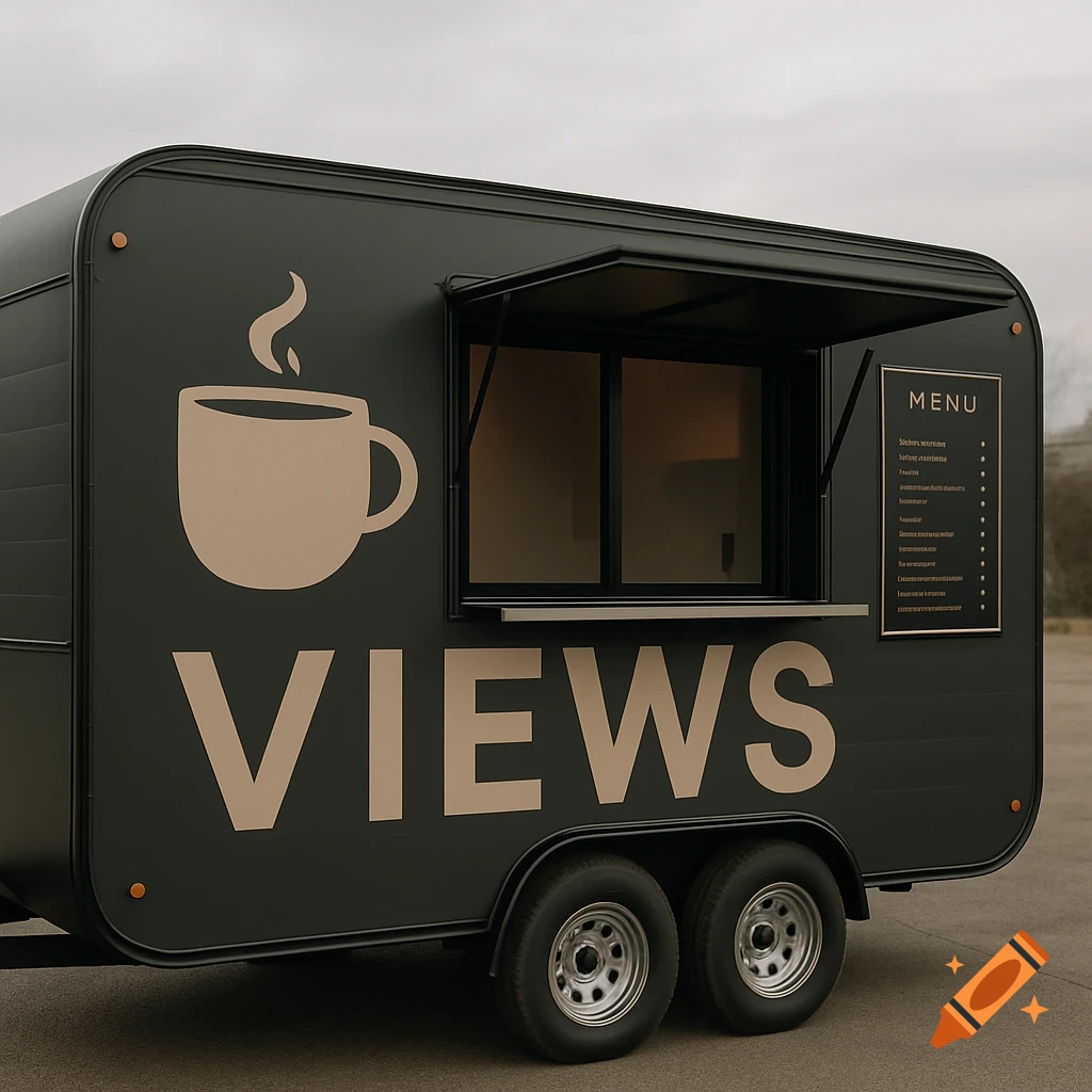 A black coffee trailer with a large tan logo featuring a coffee cup and the word "VIEWS" on the side.