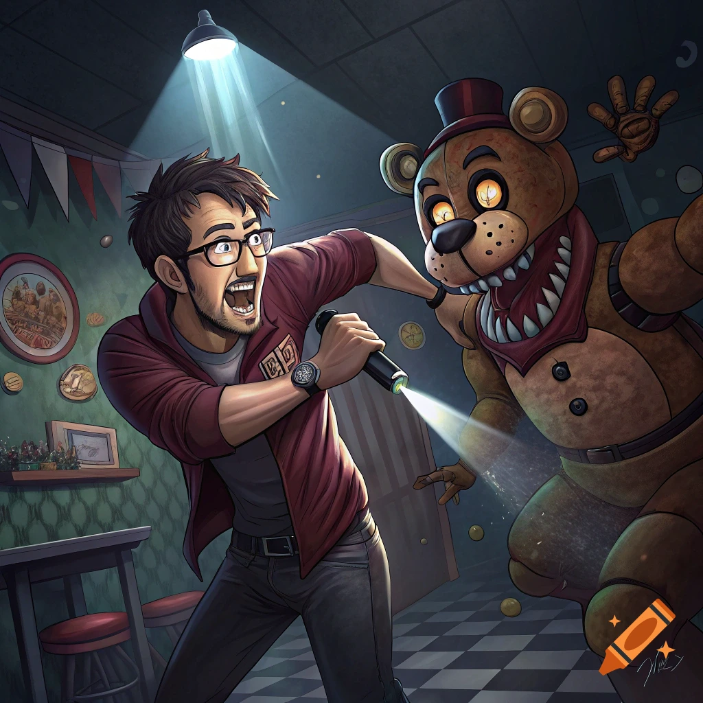Cartoon illustration of Markiplier shining a flashlight at a scary Freddy Fazbear character in a dark room.